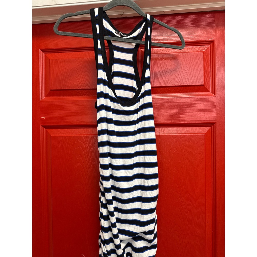 Express Striped Racerback Tank Dress Blue Black White Ruched Bodycon Midi Mens M